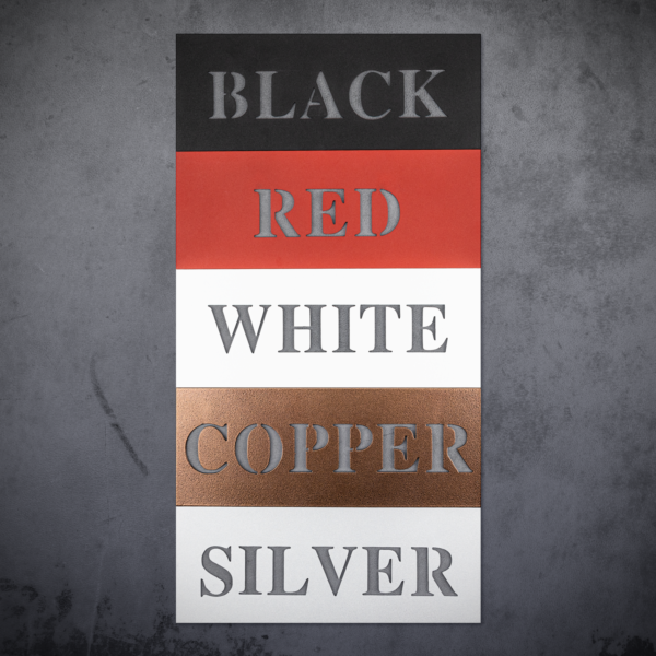 our custom metal sizes come in 5 colors black, red, white, copper and silver